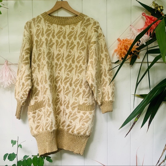 vtg vsco 80s Gold Shimmer Oversized Sweater Tunic - Picture 7 of 11